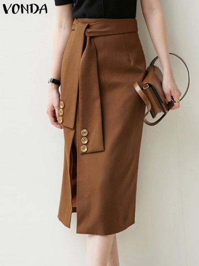VONDA elegantiški vasariniai sijonai, madingi moteriški kasdieniai vienspalviai skeldimi midi sijonai, 2023 m. madingi moteriški diržai, su skeltuku, biuro apačia