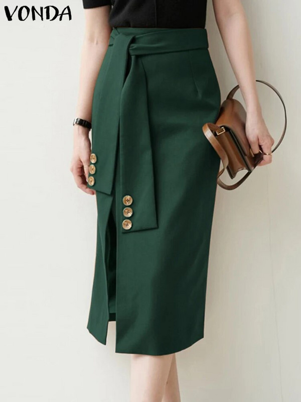 VONDA elegantiški vasariniai sijonai, madingi moteriški kasdieniai vienspalviai skeldimi midi sijonai, 2023 m. madingi moteriški diržai, su skeltuku, biuro apačia