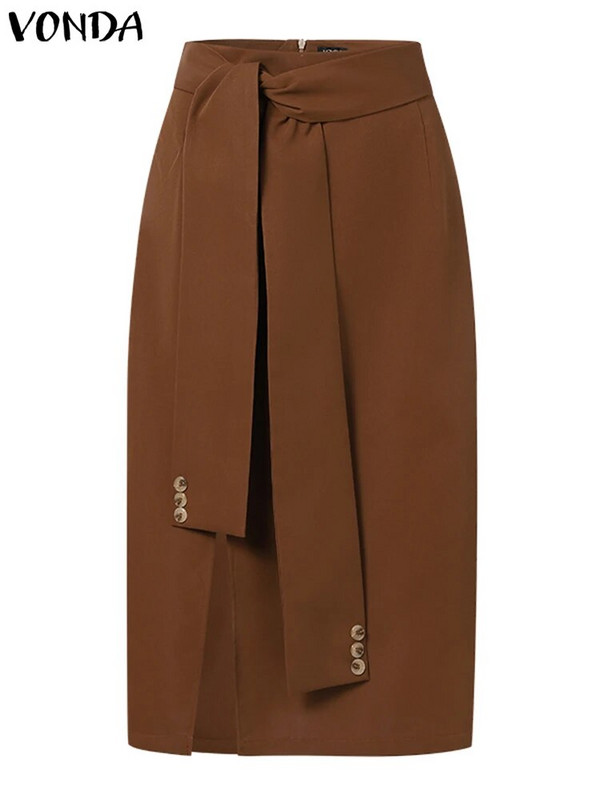 VONDA elegantiški vasariniai sijonai, madingi moteriški kasdieniai vienspalviai skeldimi midi sijonai, 2023 m. madingi moteriški diržai, su skeltuku, biuro apačia