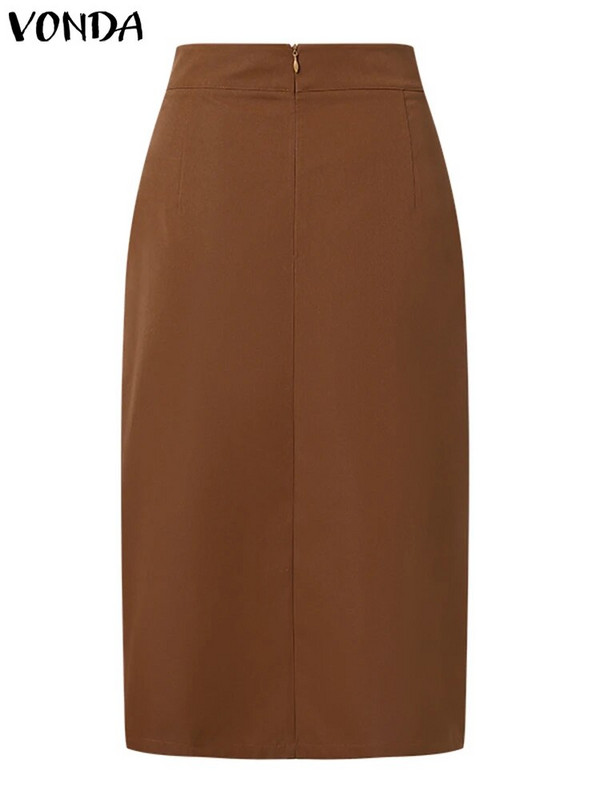 VONDA elegantiški vasariniai sijonai, madingi moteriški kasdieniai vienspalviai skeldimi midi sijonai, 2023 m. madingi moteriški diržai, su skeltuku, biuro apačia