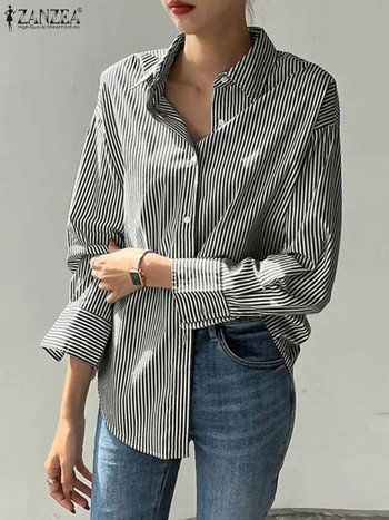 ZANZEA Γραφείο ριγέ φαρδιά μπλούζα 2023 με γυριστό γιακά τοπ υπερμεγέθη γυναικείο μακρυμάνικο πουκάμισο Vintage με κουμπιά Blusa Femininas