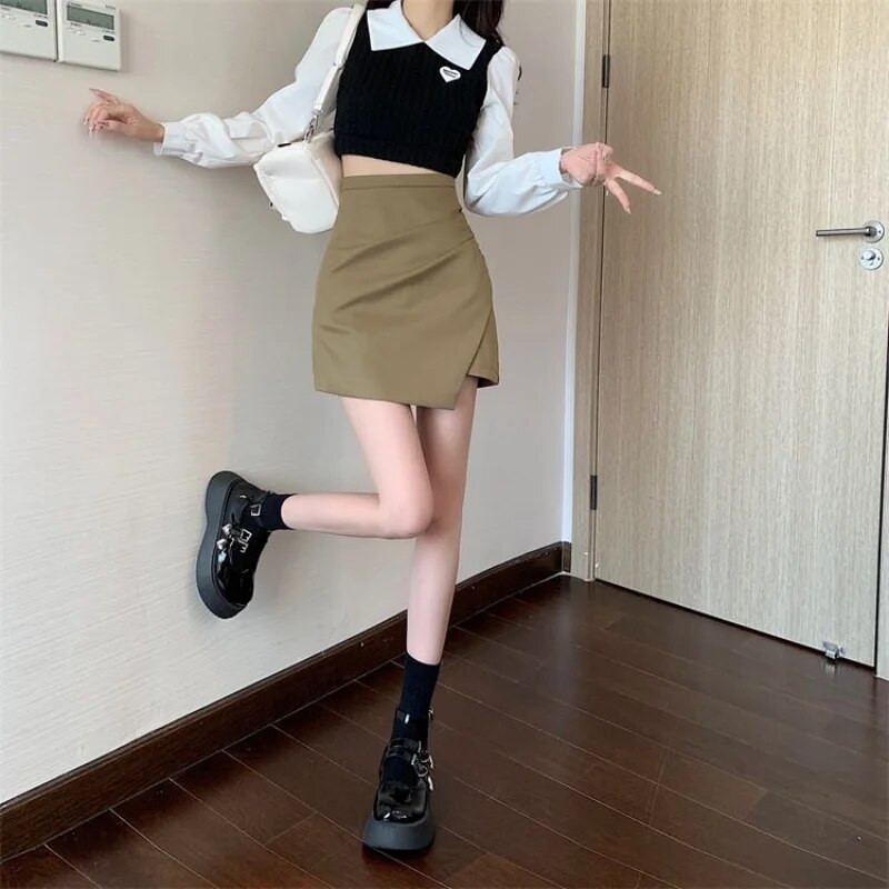 Biuro moteriški mini sijonai aukštu juosmeniu su pamušalu Moteriški Paprasti BUD Elegantiški švelnūs madingi gatvės drabužiai Visiems tinkantys nauji rudens korėjietiški