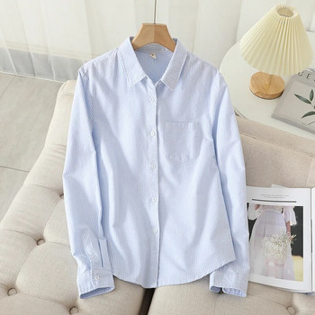 Ежедневна памучна дамска оксфордска риза 2022 Есен Нова дамска блуза с добро качество и горнища Дамски бели сини ризи на райета Дрехи