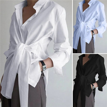 Модни блузи за 2023 г. Дамски ревери с дълъг ръкав Ежедневни широки ризи Пролетни едноцветни бандажни дрехи Елегантни дамски топове