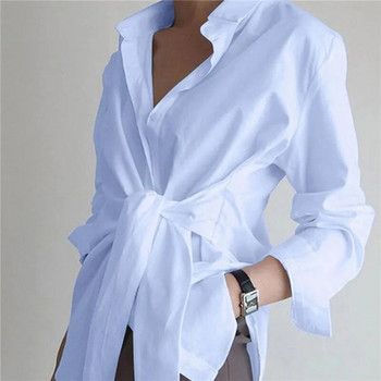 Μόδα μπλούζες 2023 Γυναικεία μακρυμάνικα πέτο Casual φαρδιά πουκάμισα Ανοιξιάτικα μονόχρωμα ρούχα με επίδεσμο Κομψά γυναικεία μπλουζάκια