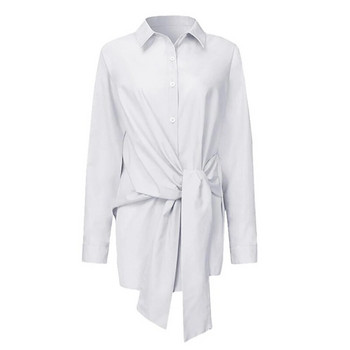 Модни блузи за 2023 г. Дамски ревери с дълъг ръкав Ежедневни широки ризи Пролетни едноцветни бандажни дрехи Елегантни дамски топове