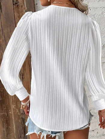 Дамска дантелена шевна V-образна деколте семпла черна шифонена риза есенен фенер пуловер с дълъг ръкав топ модна дамска елегантна улична блуза