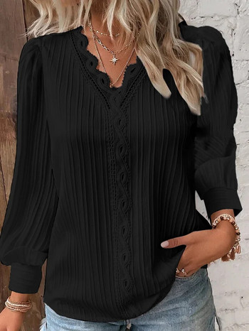 Γυναικεία ραφές με δαντέλα με λαιμόκοψη σε V-λαιμόκοψη Απλό μαύρο σιφόν πουκάμισο Φθινοπωρινό φανάρι μακρυμάνικο πουλόβερ Top Fashion Lady Elegant Street Blous