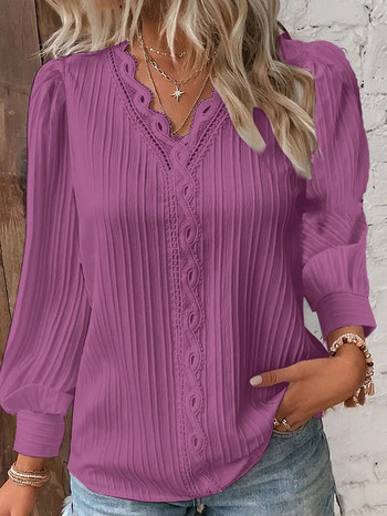 Дамска дантелена шевна V-образна деколте семпла черна шифонена риза есенен фенер пуловер с дълъг ръкав топ модна дамска елегантна улична блуза