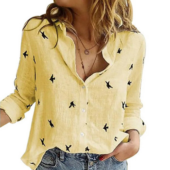 Ежедневни свободни тениски с дълъг ръкав с щампи на птици Дамски големи памучни и ленени блузи и горнища Винтидж улични туники Тениски