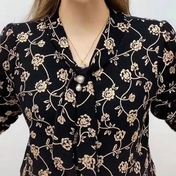 Женско облекло Риза с щампа на вълни с V-образно деколте Бандаж Пролет Есен Нови диаманти Шикозна перлена триизмерна декорация Блуза 2023