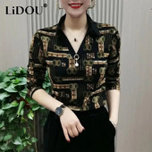 Sügistalvine võrktrükiga avar vaba vabaaja särk naiste polo-kaelusega pikkade varrukatega, sobilik pluus Femme ülisuur pullover Blusa top