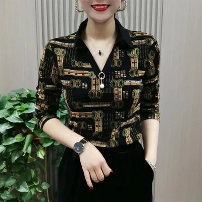 Sügistalvine võrktrükiga avar vaba vabaaja särk naiste polo-kaelusega pikkade varrukatega, sobilik pluus Femme ülisuur pullover Blusa top