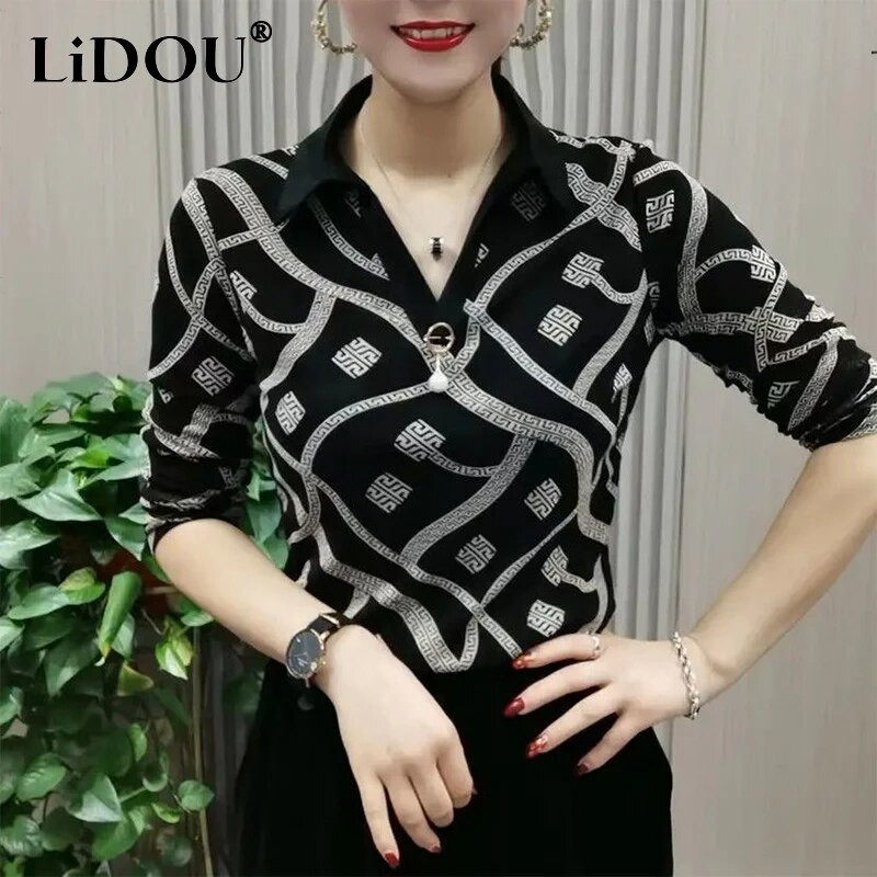 Sügistalvine võrktrükiga avar vaba vabaaja särk naiste polo-kaelusega pikkade varrukatega, sobilik pluus Femme ülisuur pullover Blusa top