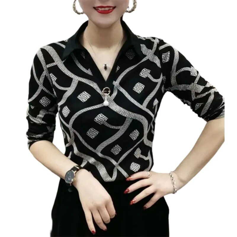Sügistalvine võrktrükiga avar vaba vabaaja särk naiste polo-kaelusega pikkade varrukatega, sobilik pluus Femme ülisuur pullover Blusa top