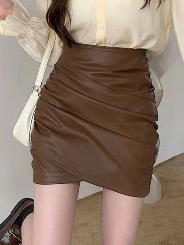 PU odinis mini sijonas moterims, nauja, 2023 m. mada korėjietiško stiliaus vintažinio klostuoto pagrindo moteriški sijonai aukštu juosmeniu P004