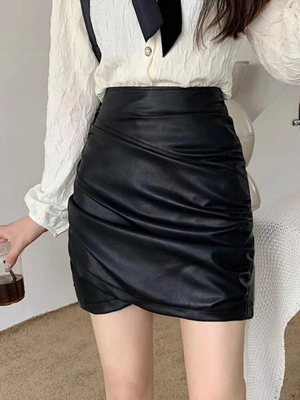 PU odinis mini sijonas moterims, nauja, 2023 m. mada korėjietiško stiliaus vintažinio klostuoto pagrindo moteriški sijonai aukštu juosmeniu P004