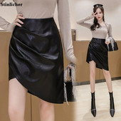 Φθινοπωρινές χειμερινές ακανόνιστες δερμάτινες φούστες γυναικείες μόδα ψηλόμεση πλισέ δέρμα PU γυναικεία φούστα εργασίας σπαστό τσαντάκι χιπ φούστα midi