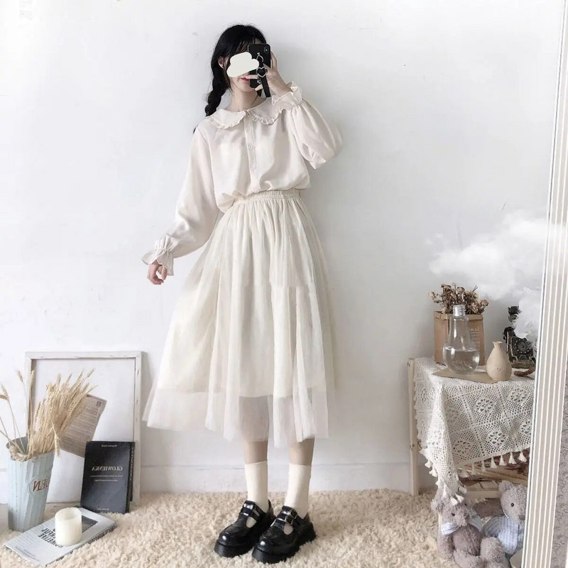 Jaapani armas Harajuku valge särk Ruffle Tops Pluus Pikkade varrukatega Magusad Lolita Basic Button Up Särgid 100% puuvill