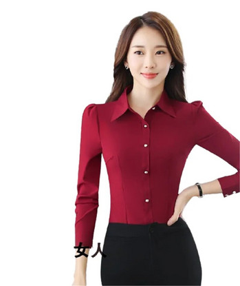 Модна корейска тънка червена офис риза, есенна дамска дамска риза с ревер и дълъг ръкав, едноредно работно облекло Blusas Elegant Maam Top 2XL