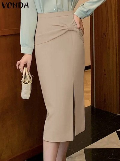 2023. aasta suveseelikud VONDA elegantsed naiste kõrge vöökohaga tõmblukuga, vöörisõlmega, küljelt poolitatud Midi seelikud vabaaja ühevärvilised lahtised põhjad