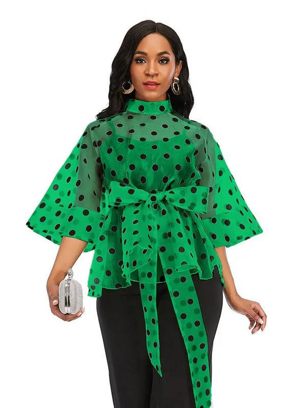 Moteriškos baltos palaidinės Polka Dot Peplum permatomos Seksualios plonos permatomos pusiau platėjančios rankovės, juosmens diržas, viršutiniai marškiniai, madingi mėlyni