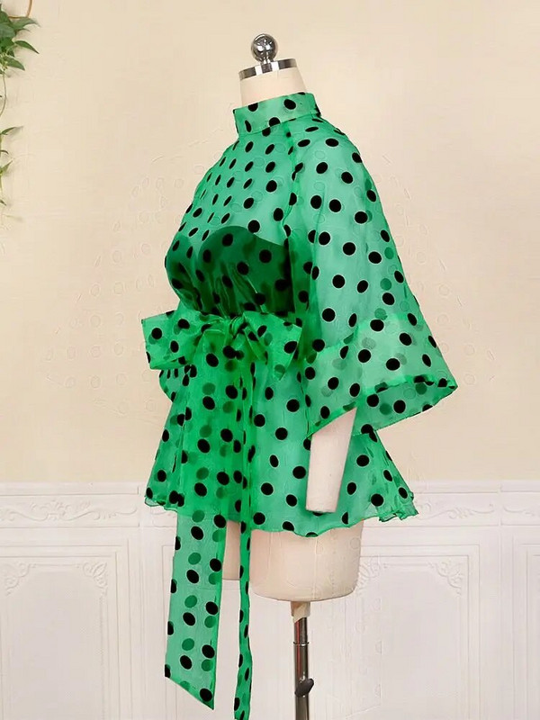 Moteriškos baltos palaidinės Polka Dot Peplum permatomos Seksualios plonos permatomos pusiau platėjančios rankovės, juosmens diržas, viršutiniai marškiniai, madingi mėlyni