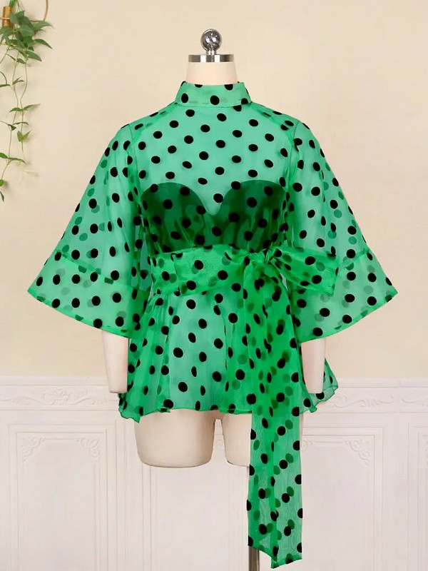 Moteriškos baltos palaidinės Polka Dot Peplum permatomos Seksualios plonos permatomos pusiau platėjančios rankovės, juosmens diržas, viršutiniai marškiniai, madingi mėlyni