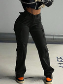 LW Plus Size Sügisnaised Must Vintage Tänav ühevärviline PUUVILLA mikroelastne keskmise vöökoha küljetasku disain Cargo püksid