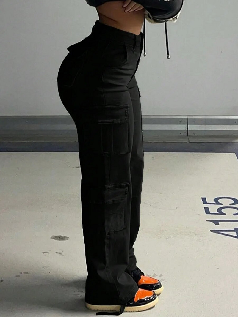 LW Plus Size Sügisnaised Must Vintage Tänav ühevärviline PUUVILLA mikroelastne keskmise vöökoha küljetasku disain Cargo püksid