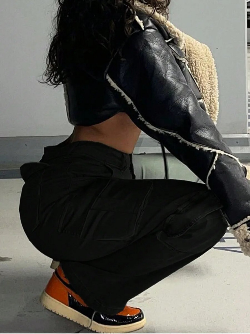 LW Plus Size Sügisnaised Must Vintage Tänav ühevärviline PUUVILLA mikroelastne keskmise vöökoha küljetasku disain Cargo püksid