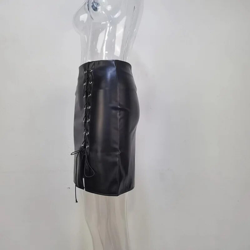 Nauja 2024 m. Moteriški madingi, suvarstomi pu odiniai sijonai Elegantiški biuro moteriški sijonai Black Bandage Streetwear klubiniai trumpi sijonai