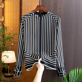 Лятна шифонена риза Дамско горнище с цип Ежедневна модна класическа раирана блуза с О-образно деколте и дълъг ръкав