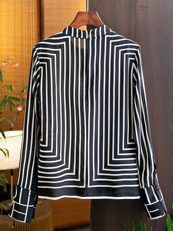 Καλοκαιρινό σιφόν πουκάμισο Γυναικείο φερμουάρ Top Casual Fashion Κλασική ριγέ μπλούζα αδυνατίσματος με μακρυμάνικο λαιμόκοψη
