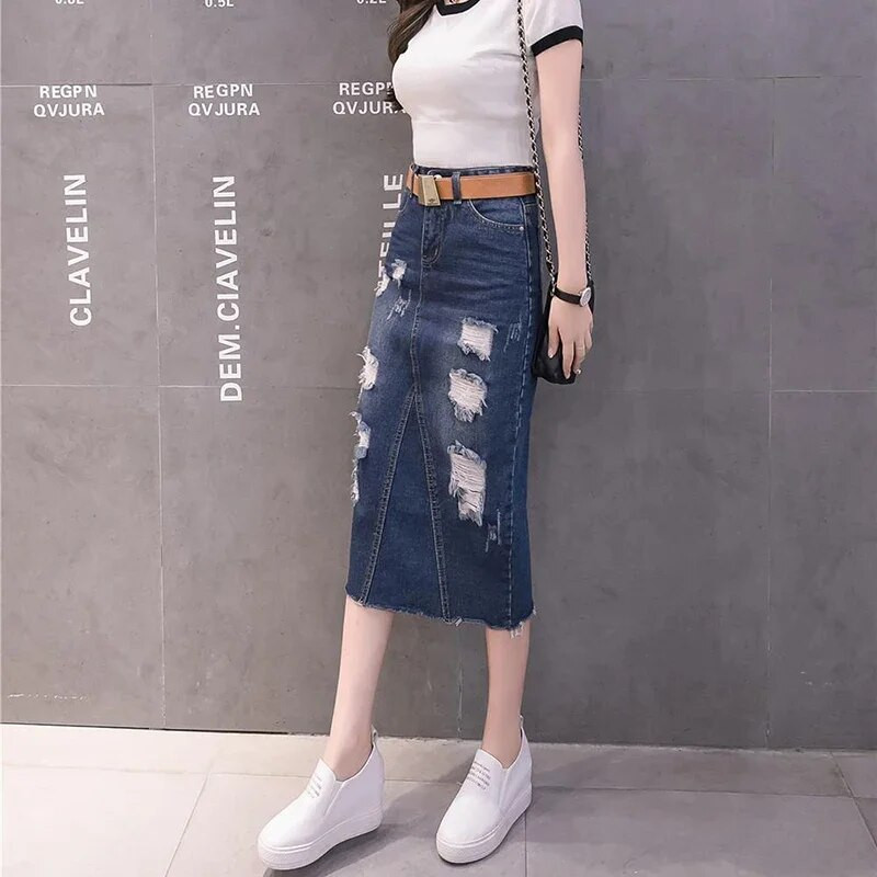 Vintage lahtised šikid seelikud naistele Elegantne kõrge vöökohaga kontoris Lady pikk seelik mood sinine teksaseelik naiste teksariided