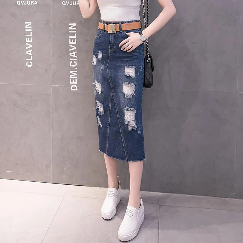 Vintage lahtised šikid seelikud naistele Elegantne kõrge vöökohaga kontoris Lady pikk seelik mood sinine teksaseelik naiste teksariided