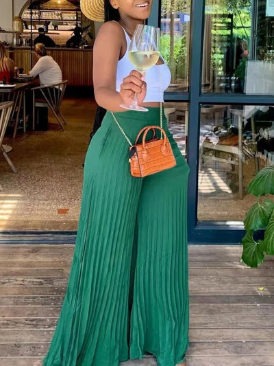 LW Plus-suuruses plisseeritud laiad püksid Suvised vabaaja elastsed kõrge vöökohaga püksid Naiste moodsad, pitsilised laiad püksid