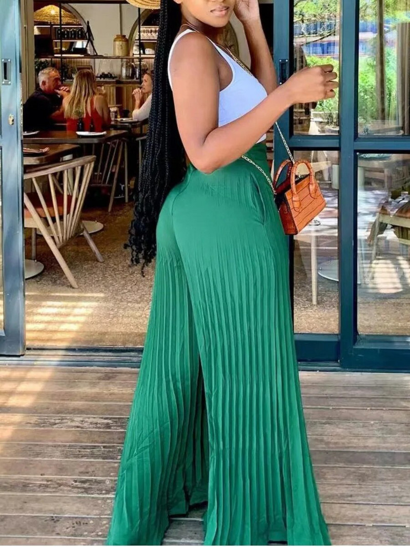 LW Plus-suuruses plisseeritud laiad püksid Suvised vabaaja elastsed kõrge vöökohaga püksid Naiste moodsad, pitsilised laiad püksid