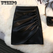 Must seksikas nahast seelik, kõrge vöökoht, A-joon ebaregulaarne plisseeritud disain Ameerika äge korea mood Puhas soov Kevad sügis