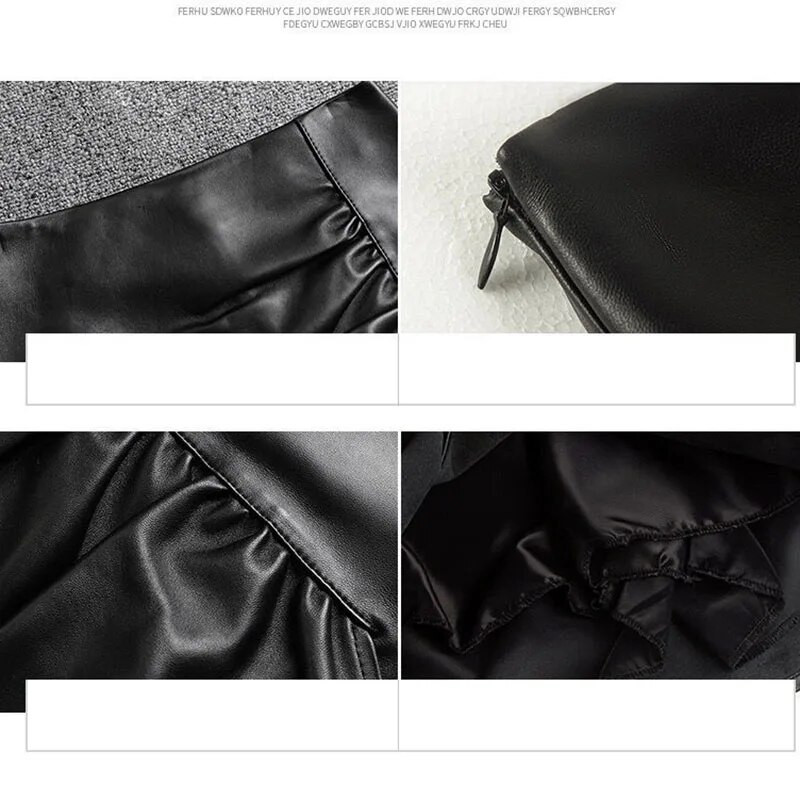 Must seksikas nahast seelik, kõrge vöökoht, A-joon ebaregulaarne plisseeritud disain Ameerika äge korea mood Puhas soov Kevad sügis