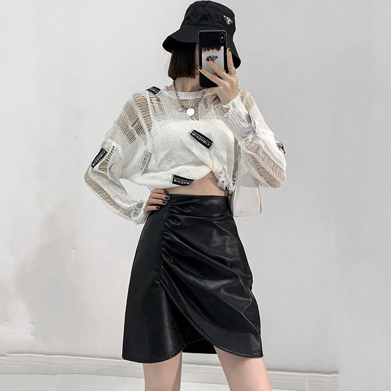 Must seksikas nahast seelik, kõrge vöökoht, A-joon ebaregulaarne plisseeritud disain Ameerika äge korea mood Puhas soov Kevad sügis