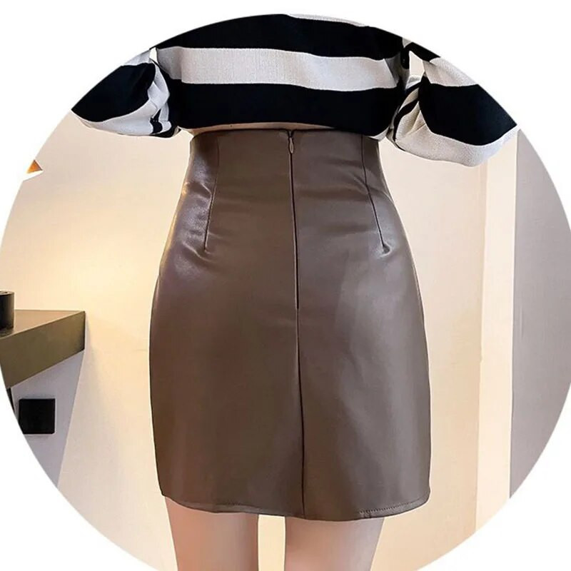 Must seksikas nahast seelik, kõrge vöökoht, A-joon ebaregulaarne plisseeritud disain Ameerika äge korea mood Puhas soov Kevad sügis