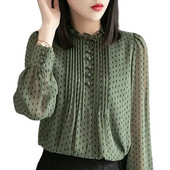 Naiste kevad-sügis stiilis šifoonist pluusid särgid. Naiste vabaaja pikkade varrukatega O-kaelusega täpiline trükitud šifoonist pluusid DD8879