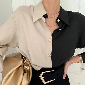 HOUZHOU Винтидж риза Дамски елегантни офис дамски блузи Y2k Корейски стил с дълъг ръкав Oversize Patchwork Ежедневни топове Дамски