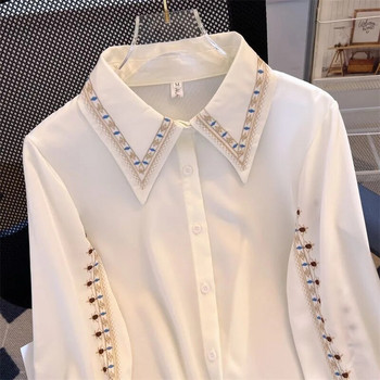 Бродирани дамски универсални висококачествени дамски елегантни блузи Дамски работни облекла Ризи Бели флорални дрехи Шифонени топове