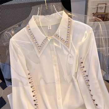 Γυναικείες κεντημένες γυναικείες μπλούζες υψηλής ποιότητας Γυναικείες κομψές μπλούζες Γυναικείες εργάσιμες μπλούζες Λευκά φλοράλ ρούχα Μπλούζες από σιφόν