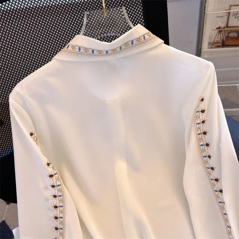 Vezene ženske prikladne ženske elegantne bluze visoke kvalitete Ženska radna odjeća Košulje Bijela cvjetna odjeća Topovi od šifona