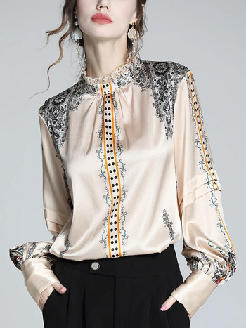 EVNISI Дамска блуза с френски щампи Риза от копринен сатен Елегантна свободна риза с фенерски ръкав Офис дамски пуловер пролет есен