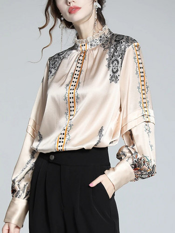 EVNISI Γυναικεία μπλούζα με στάμπα γαλλικού τύπου Μεταξωτό σατέν πουκάμισο Κομψό φαρδύ φανάρι μανίκι γραφείου Γυναικεία ανοιξιάτικα φθινοπωρινά πουλόβερ