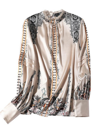 EVNISI Дамска блуза с френски щампи Риза от копринен сатен Елегантна свободна риза с фенерски ръкав Офис дамски пуловер пролет есен